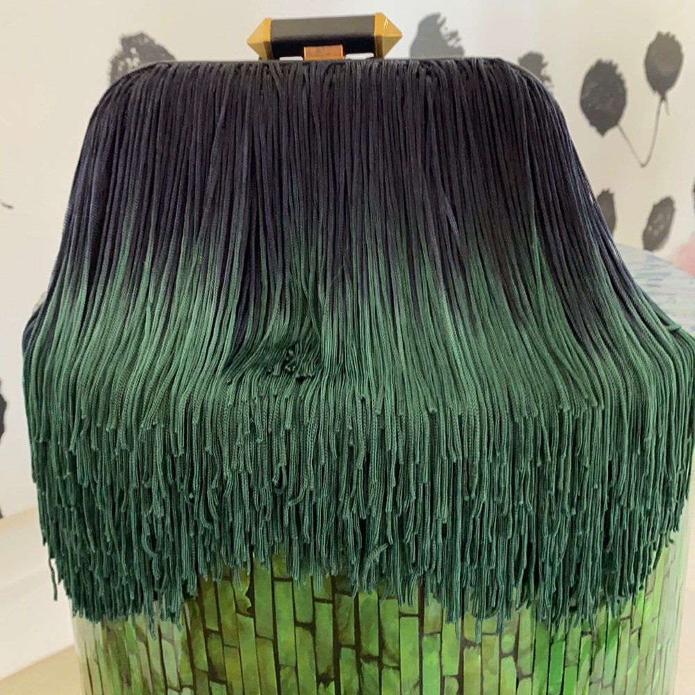 Navy Leather B Brian Atwood Clutch with antique gold tone hardware strap